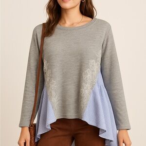 Womens Grey Embroidered Sweatshirt with Blue Stripe Panels